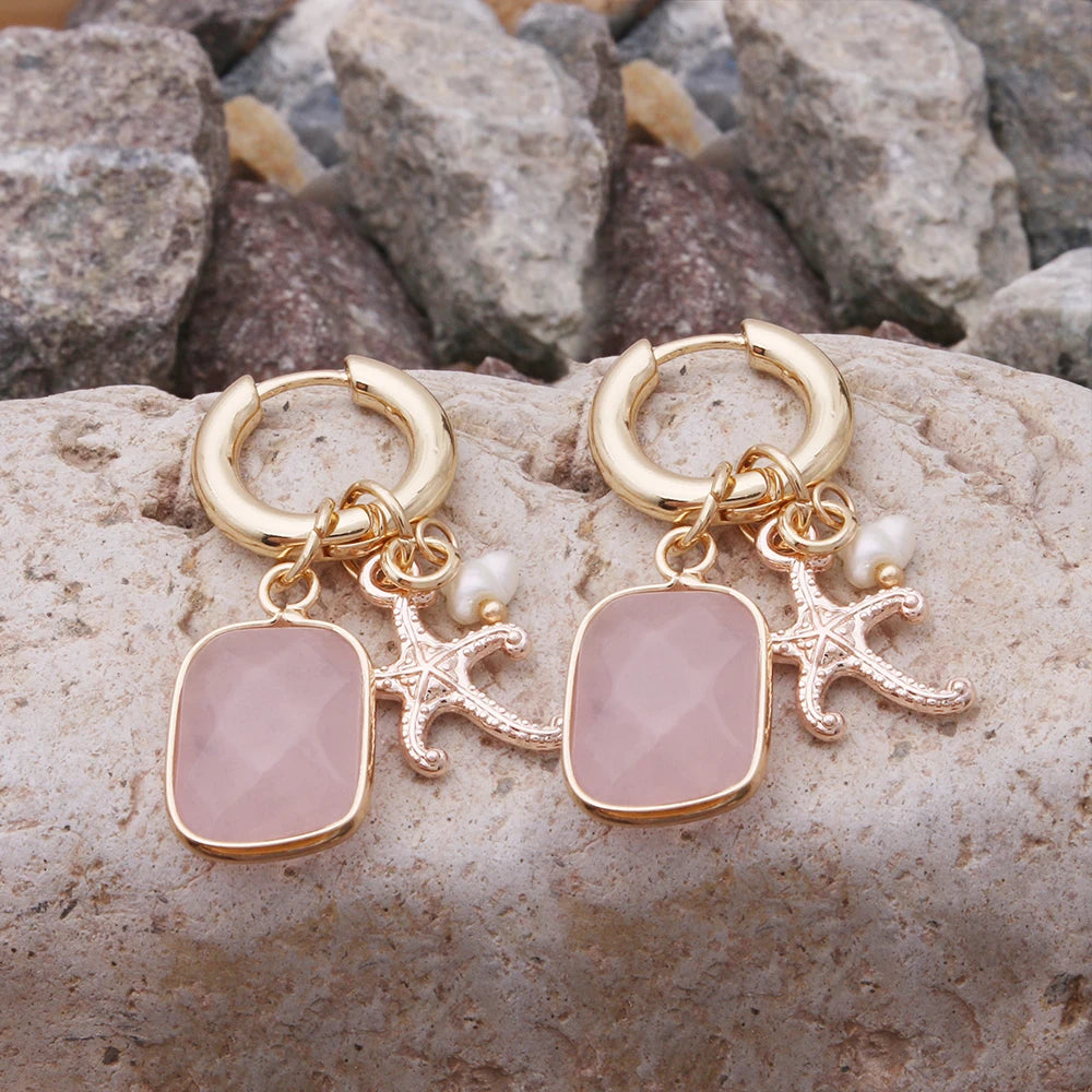 Pendant Earrings For Woman Boho Natural Stone Clover Malachite Powder Crystal Bohemia Charm Ear Luxury Quality Jewelry Girls