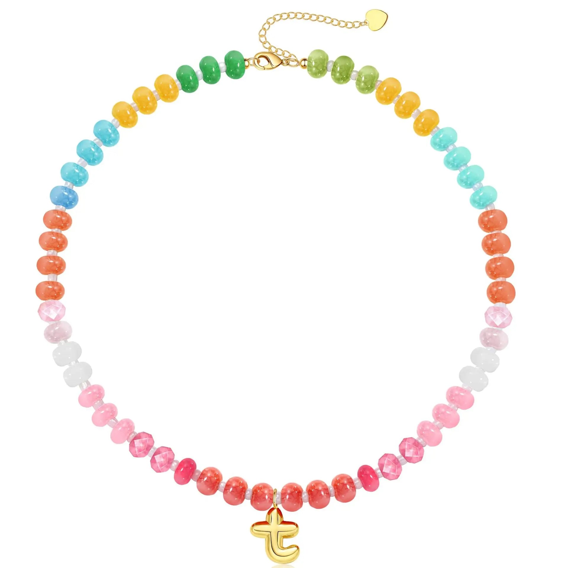 Initial Natural Stone Necklaces Colorful Beaded Boho Necklace Letter A-Z Bead Choker Necklace for Women Summer Beach Jewelry