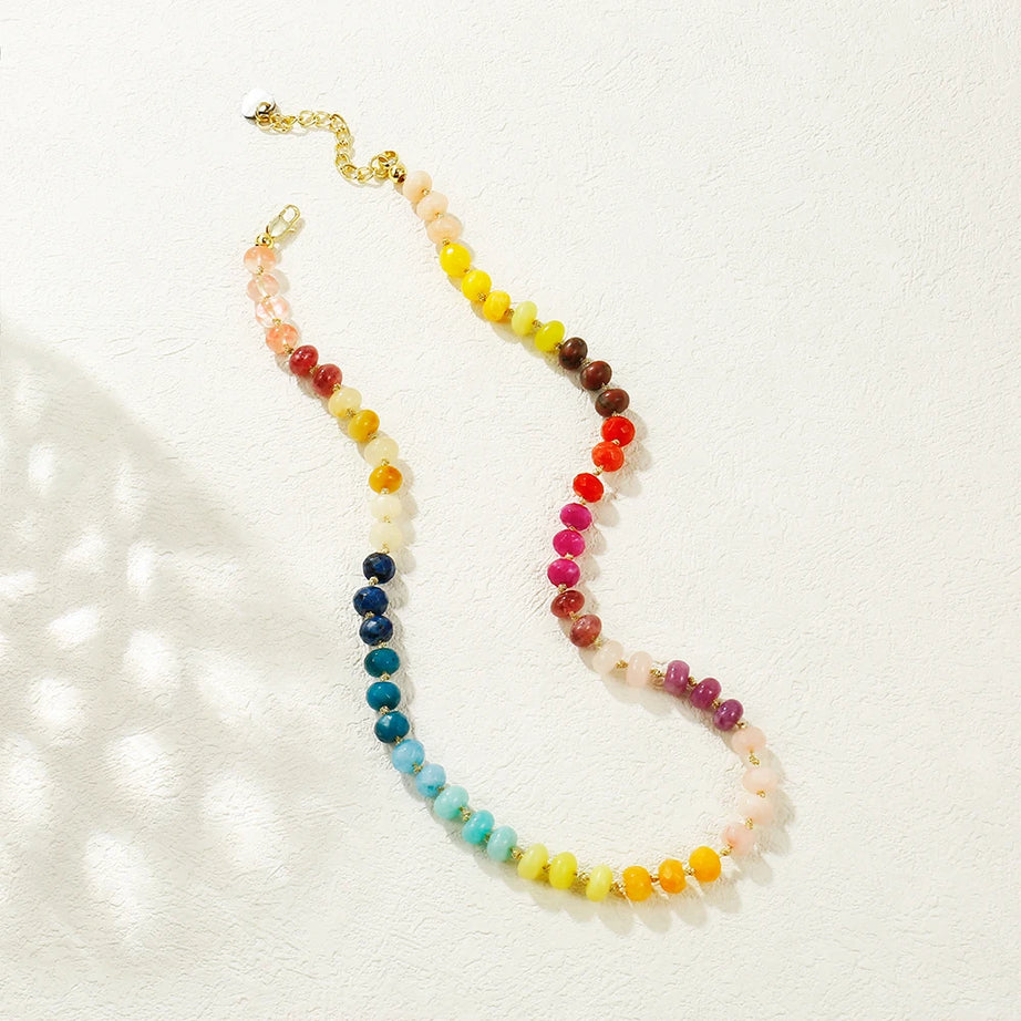 Badu Rainbow Gemstone Beaded Necklace Colorful Natural Stone Choker Necklace Summer Beach Vacation Women's Fashion Boho Jewelry - Charlie Dolly
