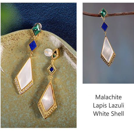 GEEZENCA Malachite Lapis Lazuli Shell 925 Silver Dangle Earrings For Women Unusual Geometric Natural Stone Drop Earring Gift - Charlie Dolly