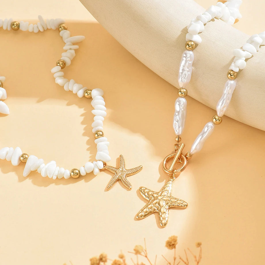 White Stone Chip Pearl Starfish Layered Set Jewelry