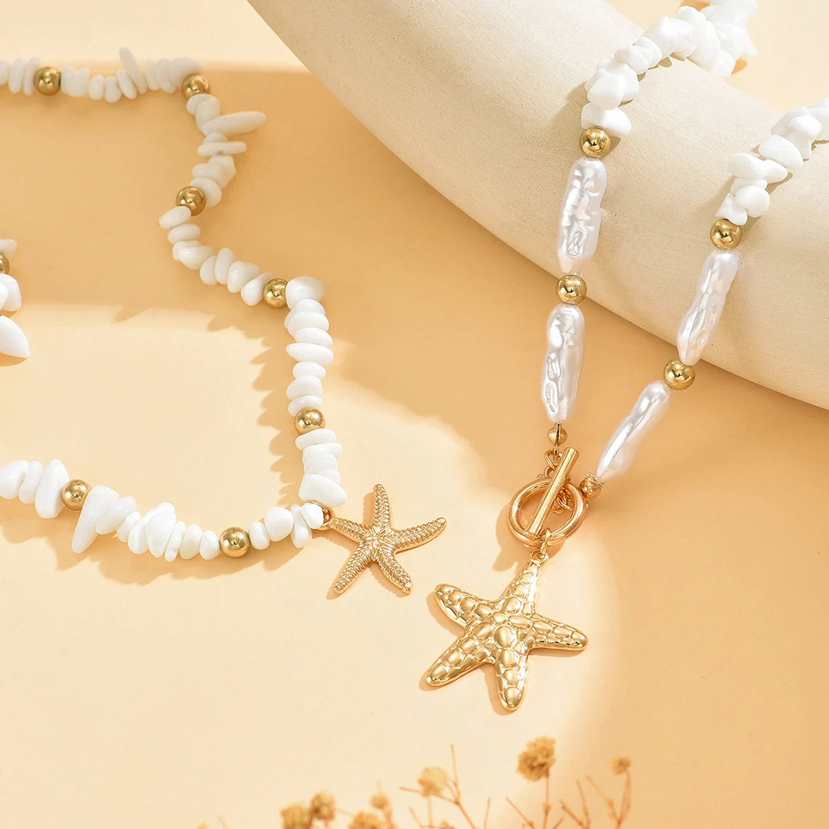 White Stone Chip Pearl Starfish Layered Set Jewelry