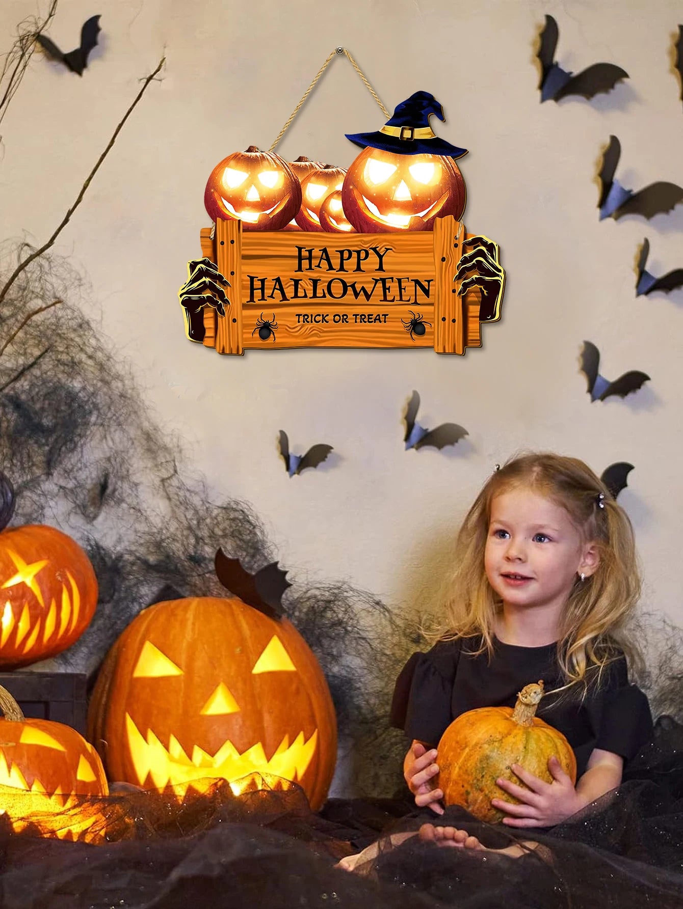 Happy Halloween Wooden Sign, Pumpkin With Hat Wooden Sign, Suitable For Home, Wall, Room,Cafe, Shop, Party, Holiday Decoration - Charlie Dolly