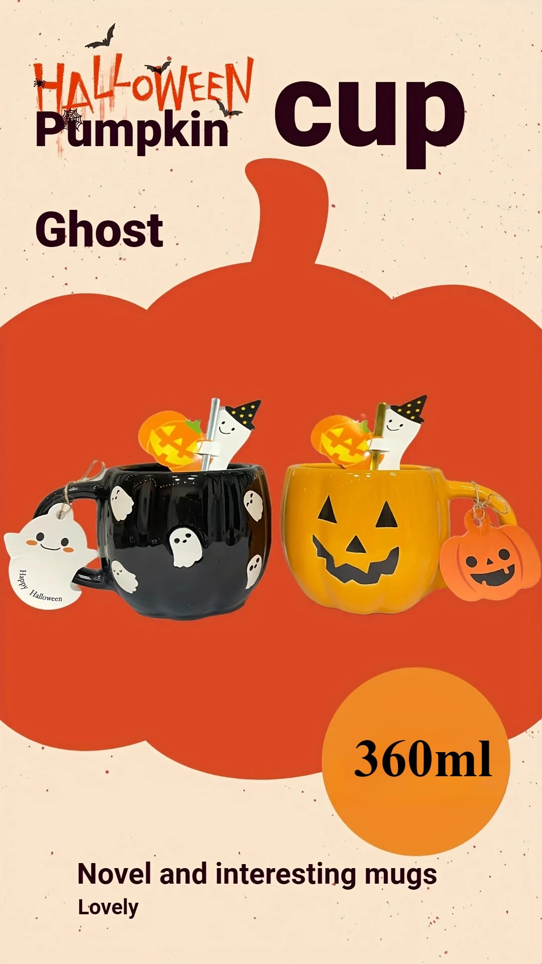 1pc 360ml Halloween Ceramic Mugs Pumpkin Ghost Ceramic Water Cup Novelty Milk Tea Mug Coffee Cup Halloween Decoration Gifts - Charlie Dolly