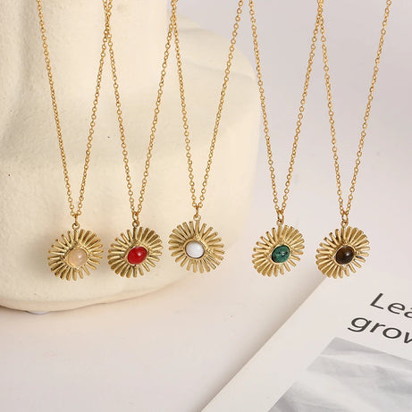 Boho Natural Stone Sun Flower Necklace for Women Bohemian Retro Stainless Steel Necklace Choker Necklaces Fashion Jewelry - Charlie Dolly