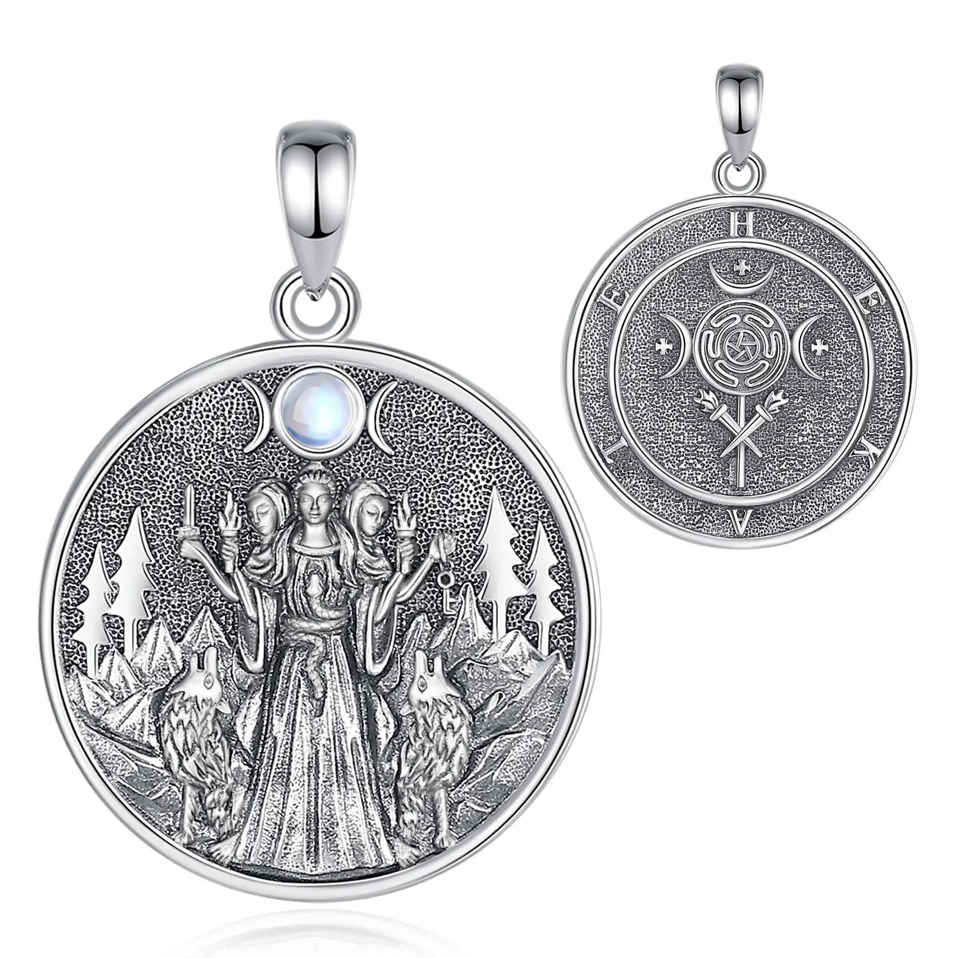S925 Sterling Silver Hecate & Dog Pendant Necklace, Triple Moon Goddess Moonstone Amulet