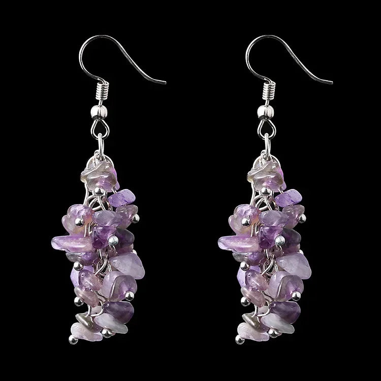 Natural Stone Crystal Grape Tassel Earrings Raw Gemstone Amethyst Lapis Lazuli Tiger's Eye Rose Quartz Chakra Crystal Earring
