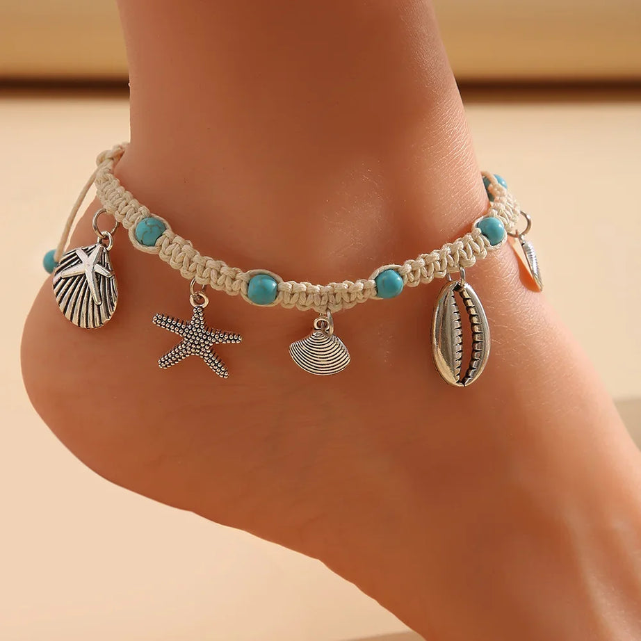 Shell, Starfish and Tortoise Handcrafted Boho Anklet