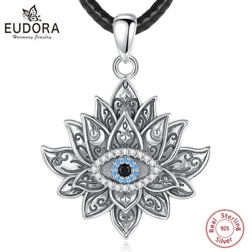 Eudora 925 Sterling Silver Evil Eye Lotus Necklace Vintage Evil Eye Lotus Flower Pendant Personality Jewelry for Women Man Gift