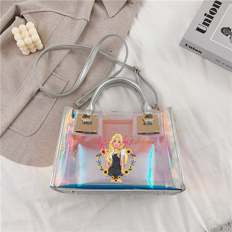 Barbie Princess Summer Transparent Handbag Anime Y2K Girls Lasers Beach Bag Shoulder Bag Ladies Tote Bags Pu Messenger Organizer - Charlie Dolly