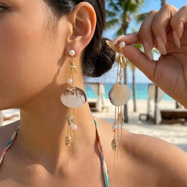 Colorful Irregular Stone Hoop Earrings for Women Y2K Boho Starfish Shell Dangle Earrings Summer Beach Vacation Festival Jewelry