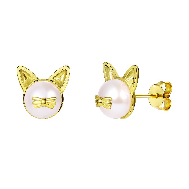 U7 925 Sterling Silver Cute Earrings Cat Stud Earings Women Wedding Jewelry Natural Freshwater Pearl Earrings Mother's Gift SC02 - Charlie Dolly
