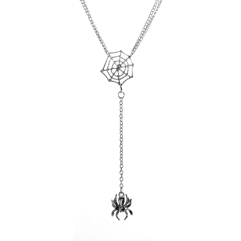 Halloween Necklaces New Creative Spider and Web Pendant Double Chain Necklace Retro Punk Style Long Sweater Chain Accessories - Charlie Dolly