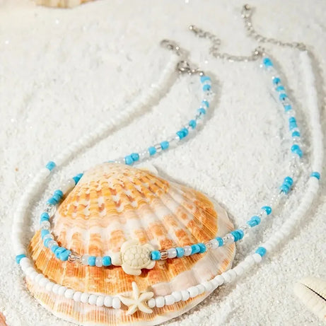 Starfish, Sea Turtle and Conch Beaded Layered Necklace