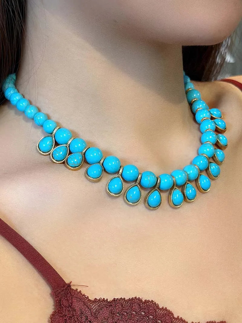 Bohemia Blue Natural Stone Water Drop Beads Chain Choker Necklace Vintage Jewelry for Woman Retro New in Boho Luxury Accessories