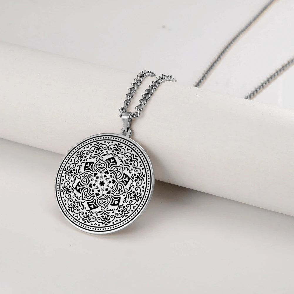 LIKGREAT Lotus Flower Chakra Mandala Pendant Necklace Stainless Steel Women Men Buddhism Hinduism Meditation Spiritual Jewelry