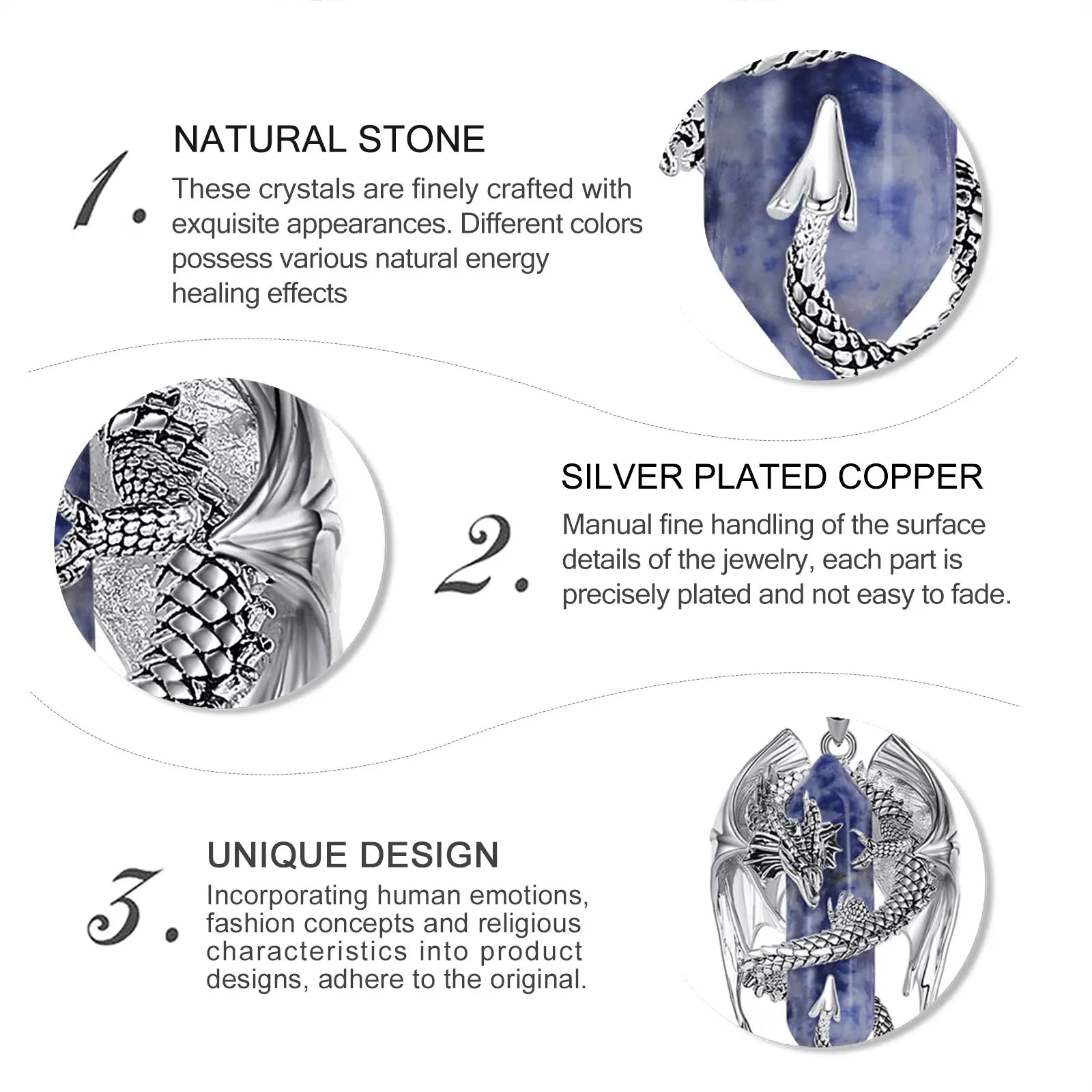 Eudora Dragon Wrapped Dumortierite Hexagonal Crystal Necklace Healing Stone Pendant Spiritual Amulet Jewelry Gift for Women Men