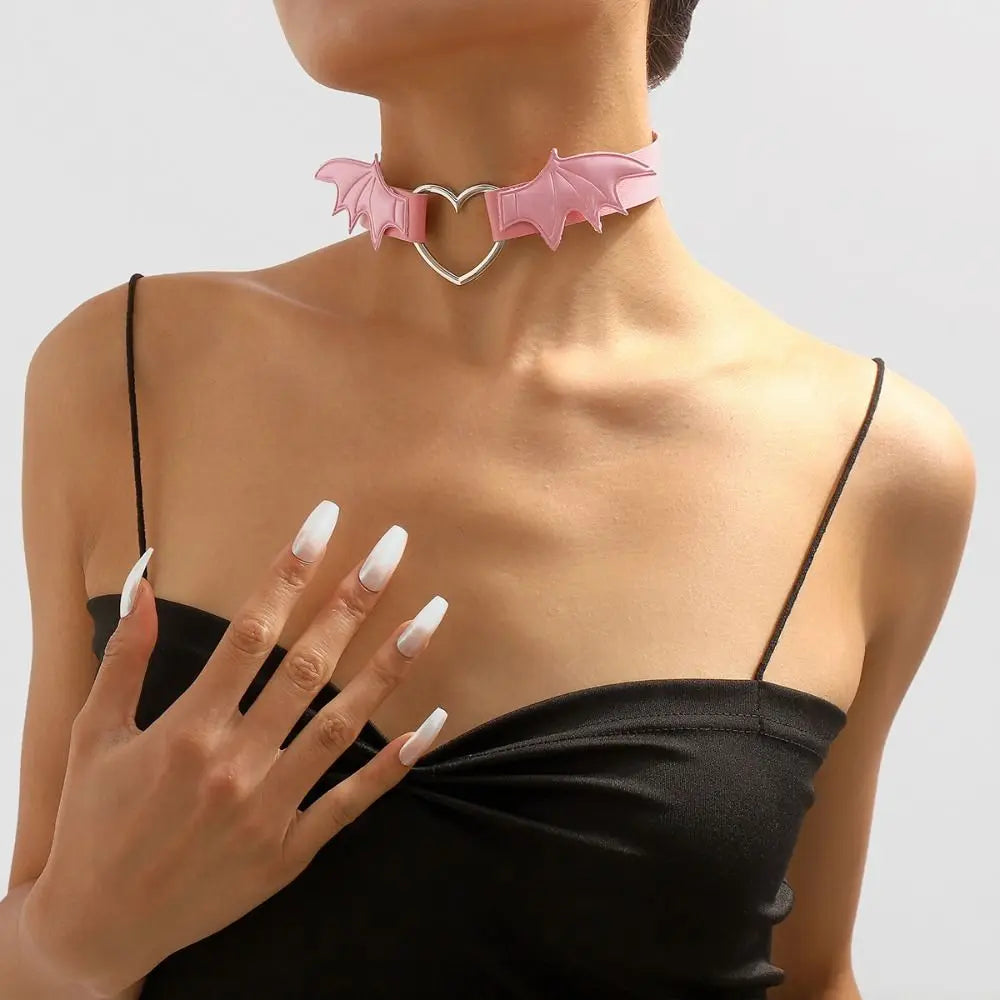 Leather Bat Wings Choker Goth Cute Heart Necklace Punk Gothic Collar Halloween Jewelry Aesthetic Accessories for Women Girls - Charlie Dolly