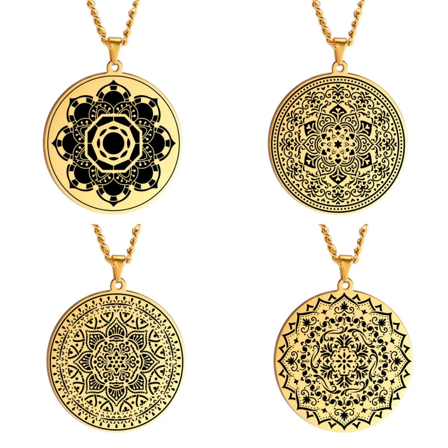 Lotus Chakra Mandala Pendant Necklace, Stainless Steel Buddhist Hindu Meditation Amulet