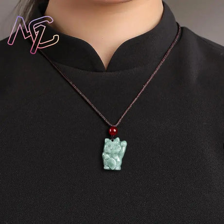 Myanmar Jadeite Cat Pendant, Burmese Jade Luxury Necklace