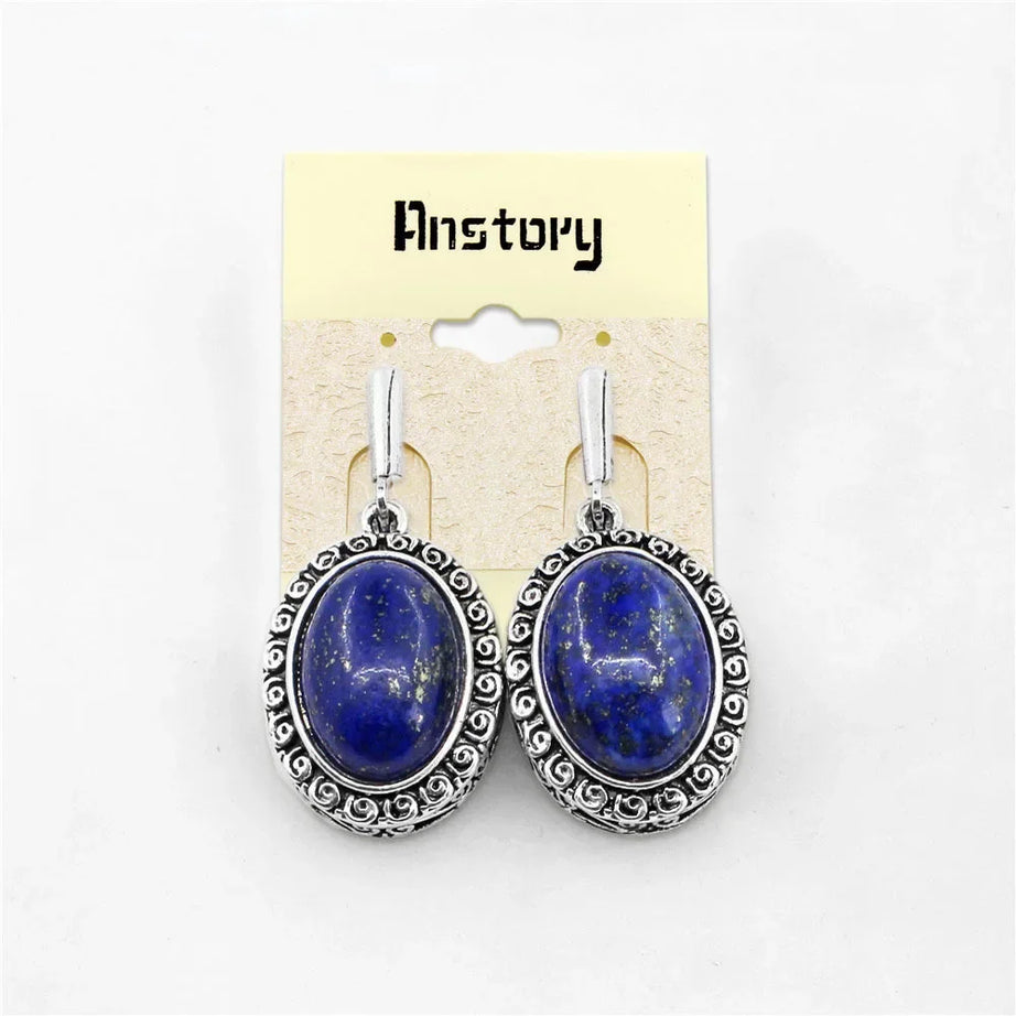 Natural Lapis Lazuli Earrings Snail Flower Pendant For Women Vintage Antique Silver Plated Fashion Jewelry Anniversary Gift - Charlie Dolly