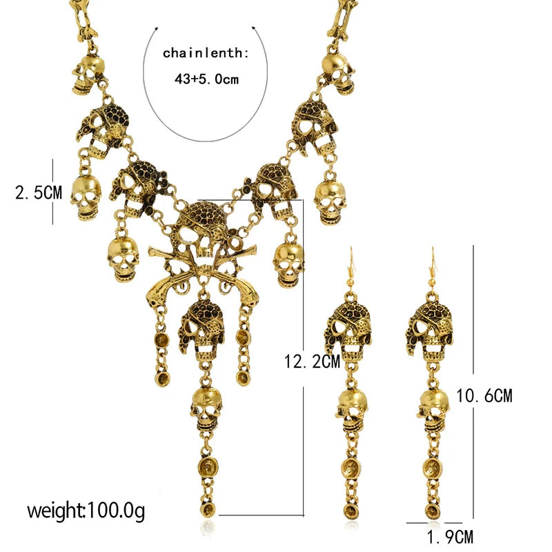 Classic Punk Skull Pirate Skeleton Jewelry Sets For Women Men Halloween Gothic Biker Statement Choker Necklace Vintage Earrings - Charlie Dolly