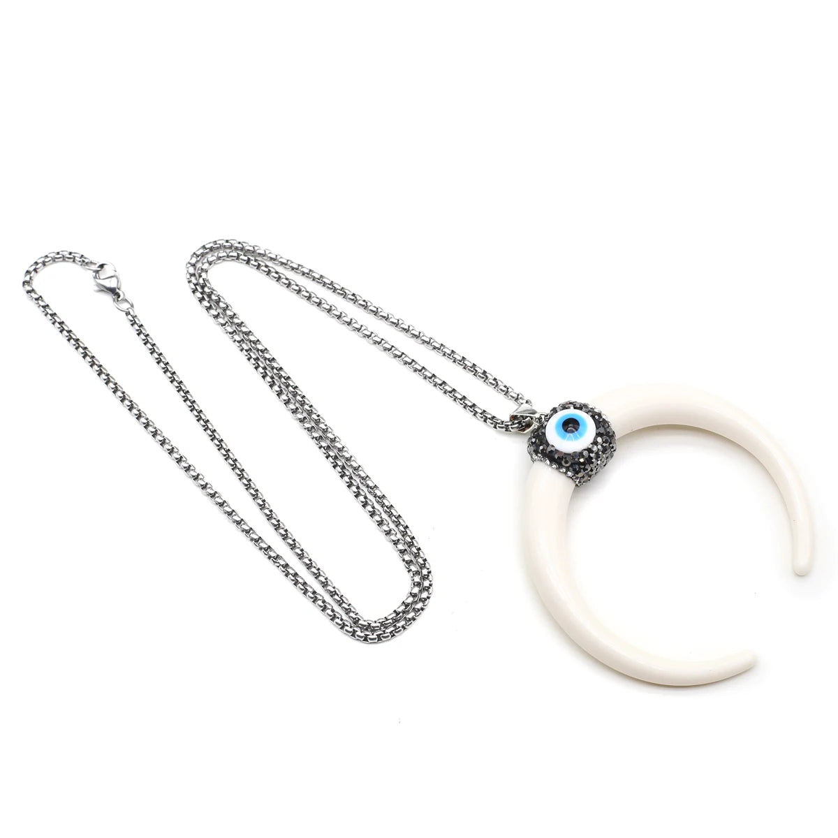 Natural Stone Horn Necklace Reiki Heal Turquoise Rhinestone Crescent Moon Pendant Stainless Steel Chain Boho Necklaces Jewelry