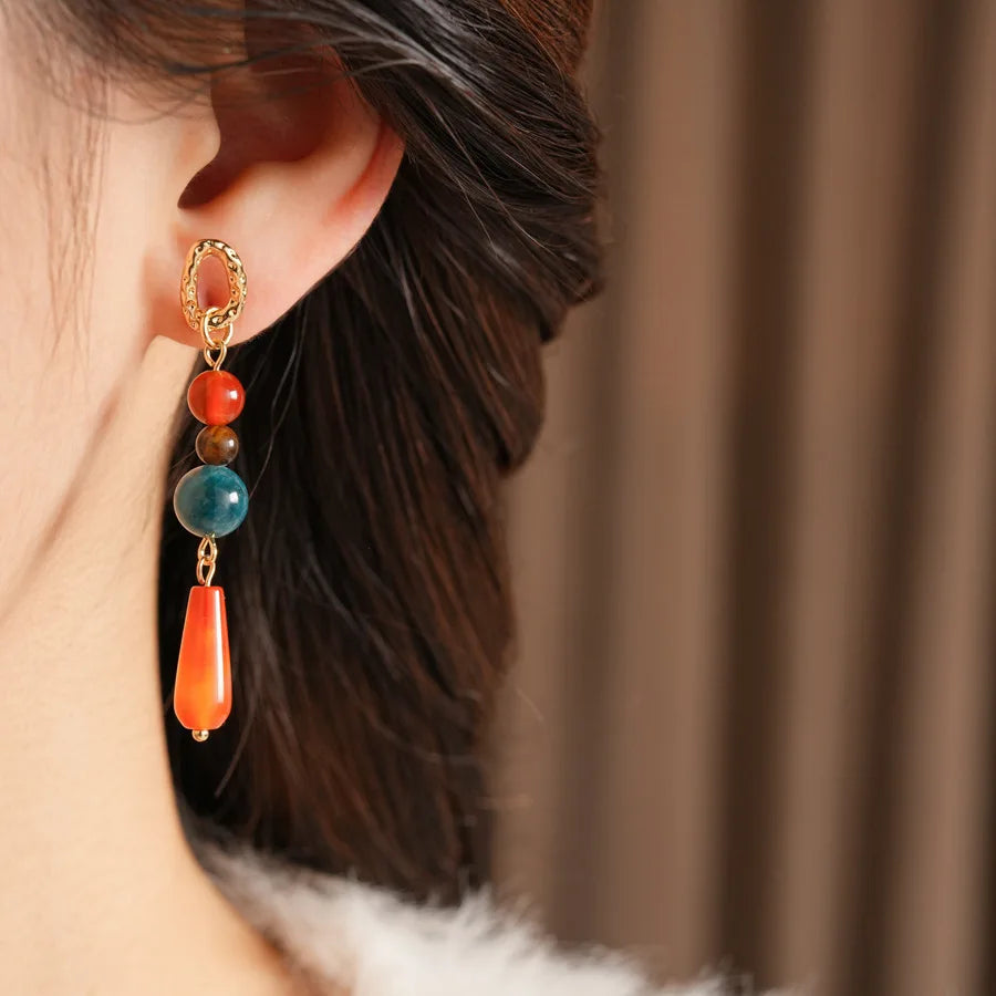 Retro Natural Stone Jade Earrings for Women Chinese Style Water Drop Beads Earrings with Long Tassel Female Ear Accessories K1