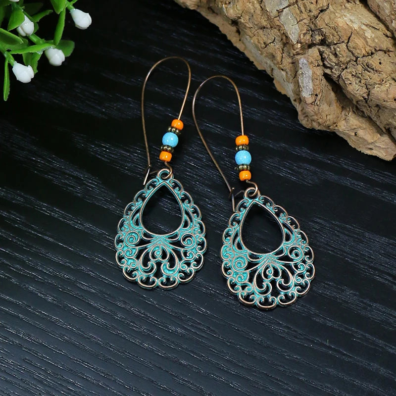 Vintage Boho Blue Stone Beaded Drop Earrings For Women Tassel Ethnic Geometric Flower Leaf Long Dangle Earrings Trendy Jewelry