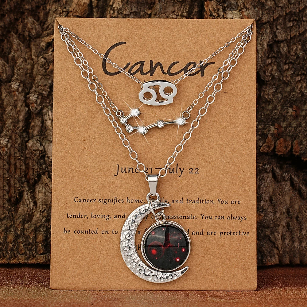 3 Pieces/Set Zodiac Retro Moon Glow Pendant Necklace Set with Birthstone Cards, Birthday Gift for Besties and BFFs