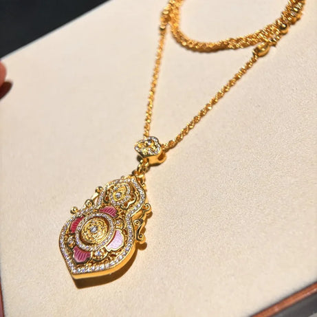 Vintage Ruyi Gourd Lotus Pendant, Chinese Court-Style Blessing Necklace