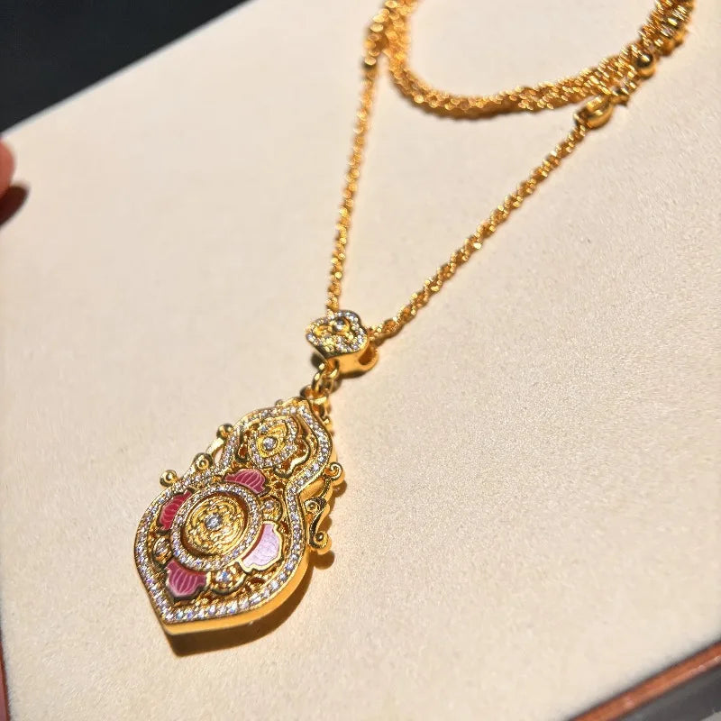 Vintage Ruyi Buckle Gourd Pendant Necklace Diamond inlay Court style Lotus flower Pink collar chain Wedding fine Jewelry