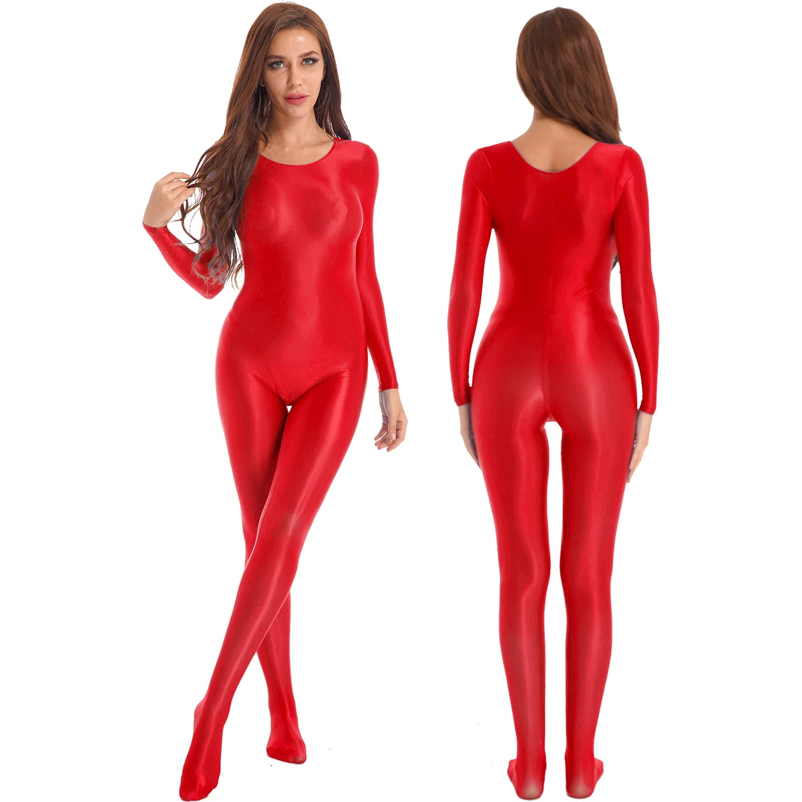 Womens Sexy Glossy Bodystocking Bodysuit Long Sleeve Jumpsuit Lingerie Nightwear Swimwear Gymnastics Yoga Sports Dance Leotard - Charlie Dolly