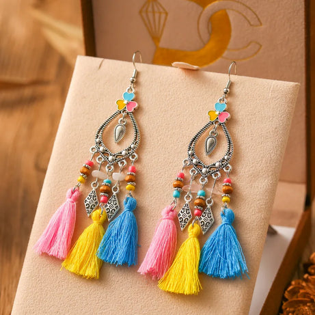 Heart Flower Enamel Bead Tassel Earrings Jewelry