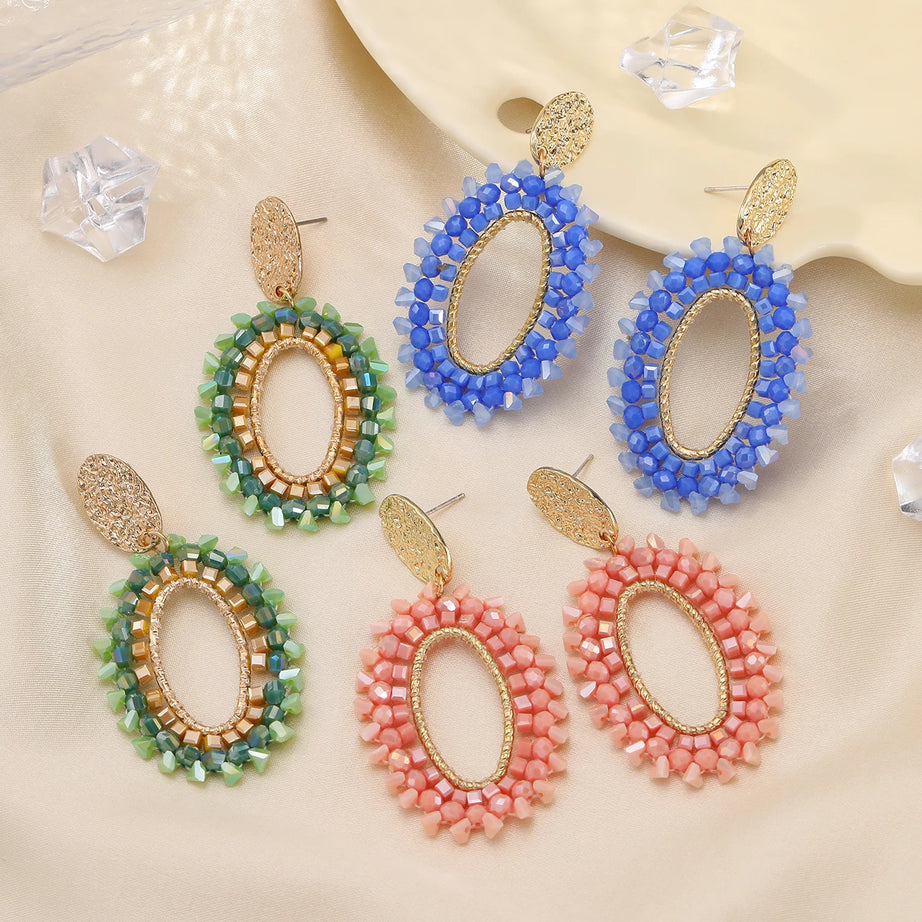 Oval Crystal Bead Big Long Drop Earrings Jewelry