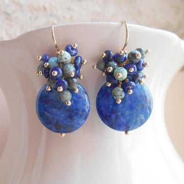 Lapis Lazuli & Turquoise Gemstone Earrings - Elegant Vintage-Inspired, Denim Navy Blue with Golden Accents