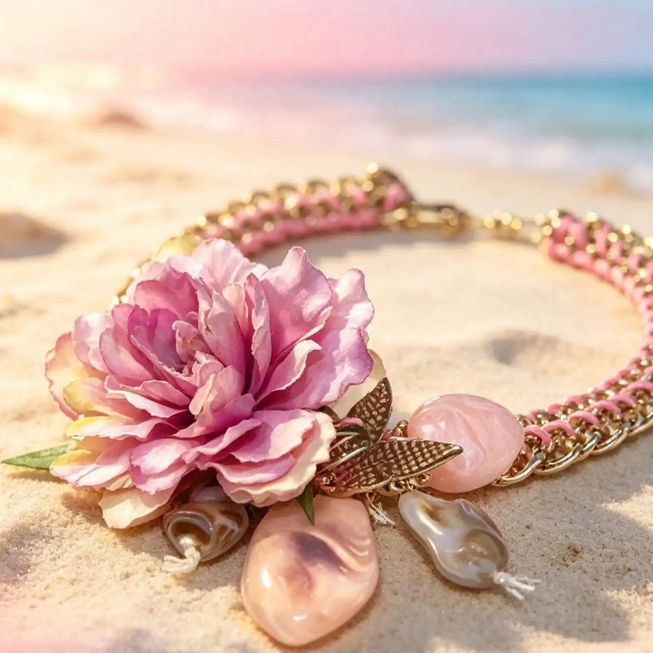Pink Floral Shell Choker and Earring Set