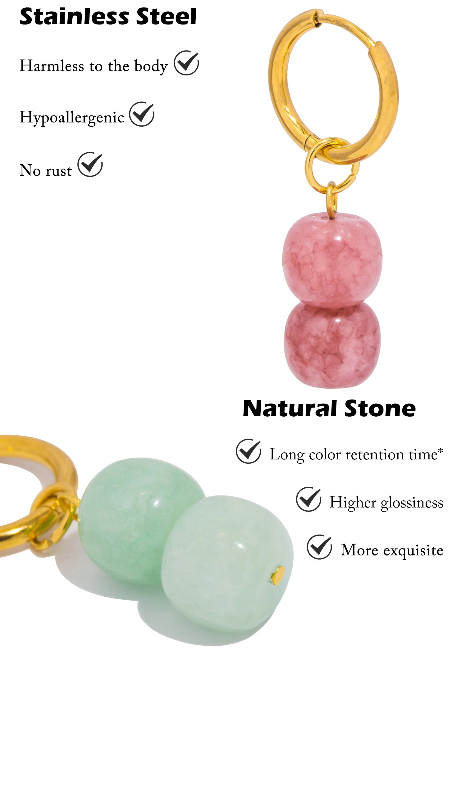 UHBINYCA Stainless Steel Drop Earrings for Women Gentle Natural Stone Charms Hoop Earring Trendy Jewelry Gift