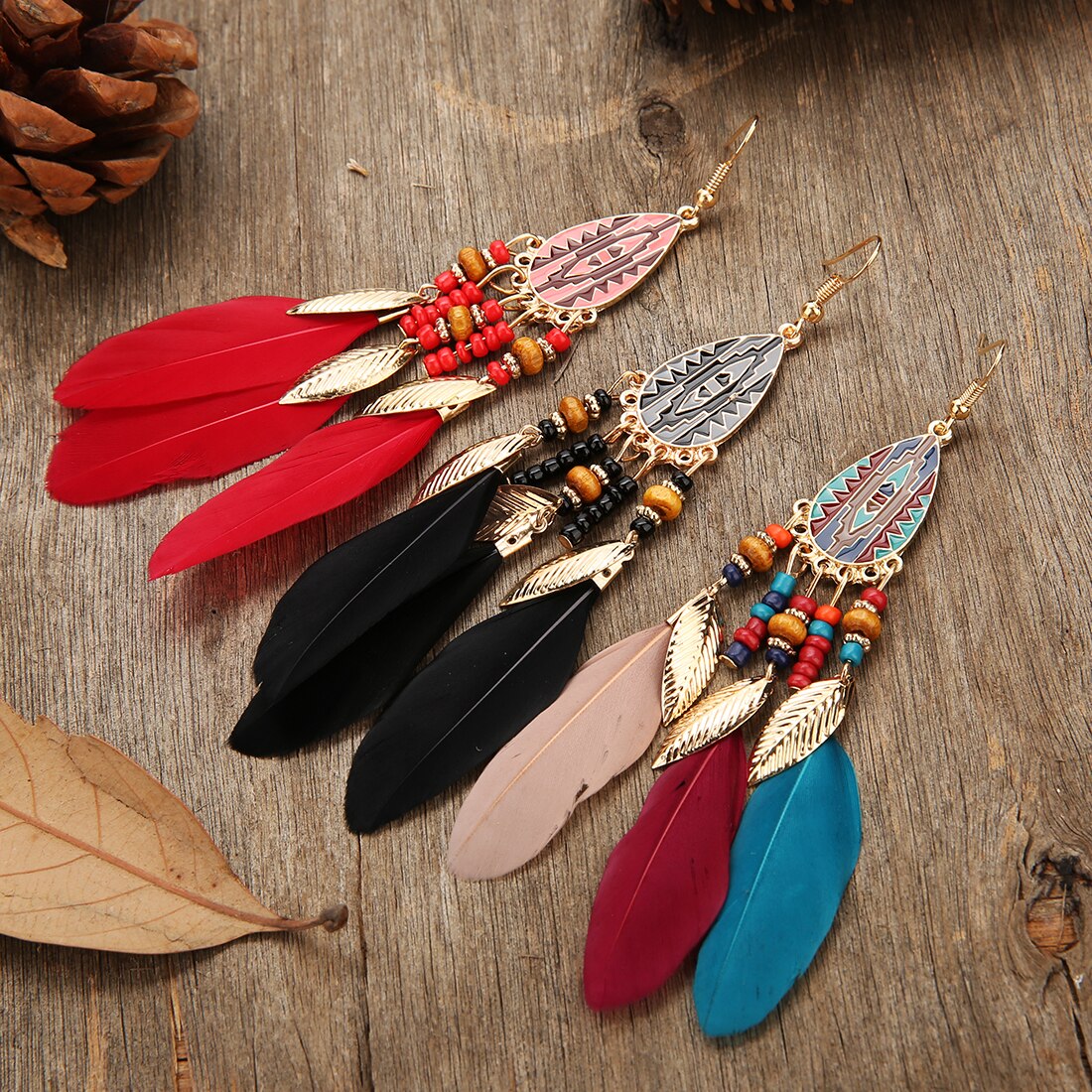 A Pair Boho Feather Dangle Women Earrings Beach Long Tassel Beads Handmade Flower Enamel Earrings Bride Wedding Party Gift - Charlie Dolly