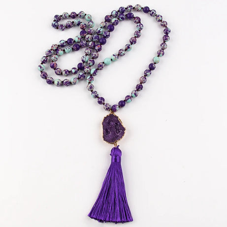 Knotted Druzy Stone Tassel Necklace Jewelry
