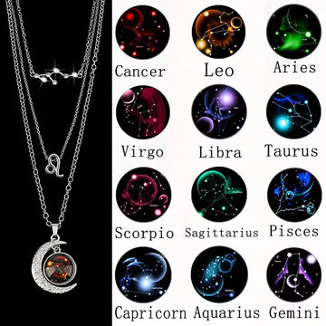 3 Pieces/Set Zodiac Retro Moon Glow Pendant Necklace Set with Birthstone Cards, Birthday Gift for Besties and BFFs