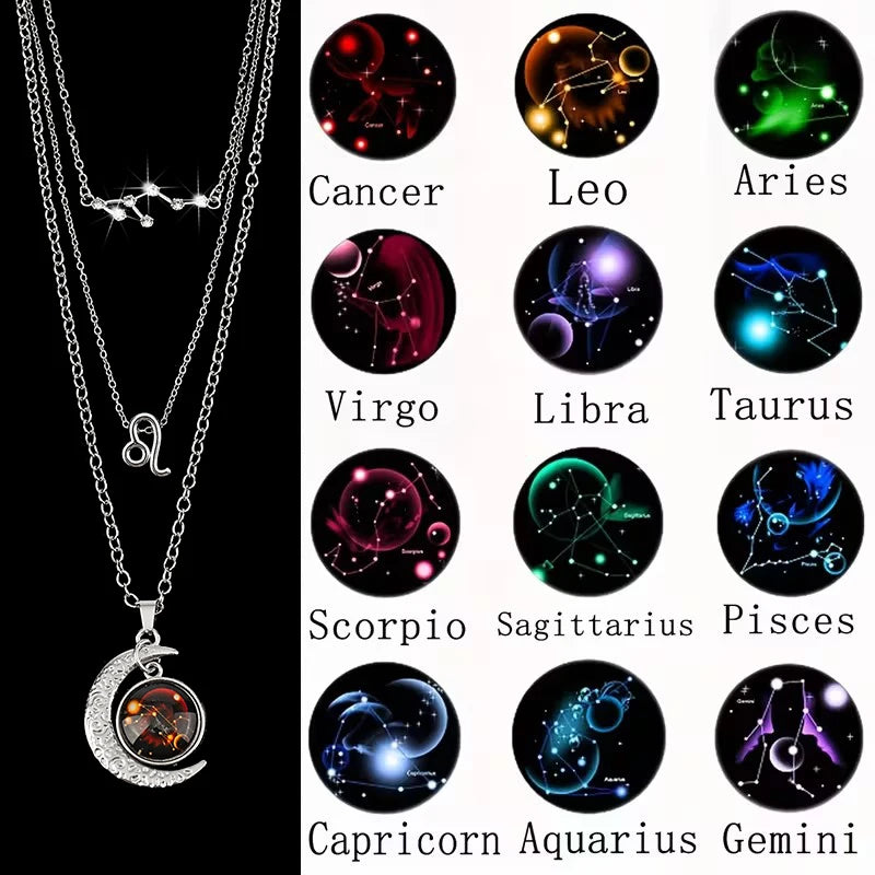 3 Pieces/Set Zodiac Retro Moon Glow Pendant Necklace Set with Birthstone Cards, Birthday Gift for Besties and BFFs
