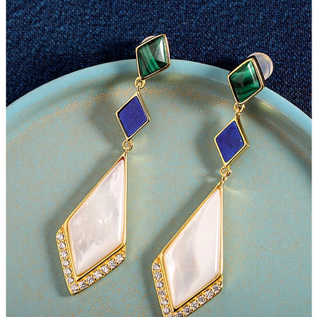 GEEZENCA Malachite Lapis Lazuli Shell 925 Silver Dangle Earrings For Women Unusual Geometric Natural Stone Drop Earring Gift - Charlie Dolly