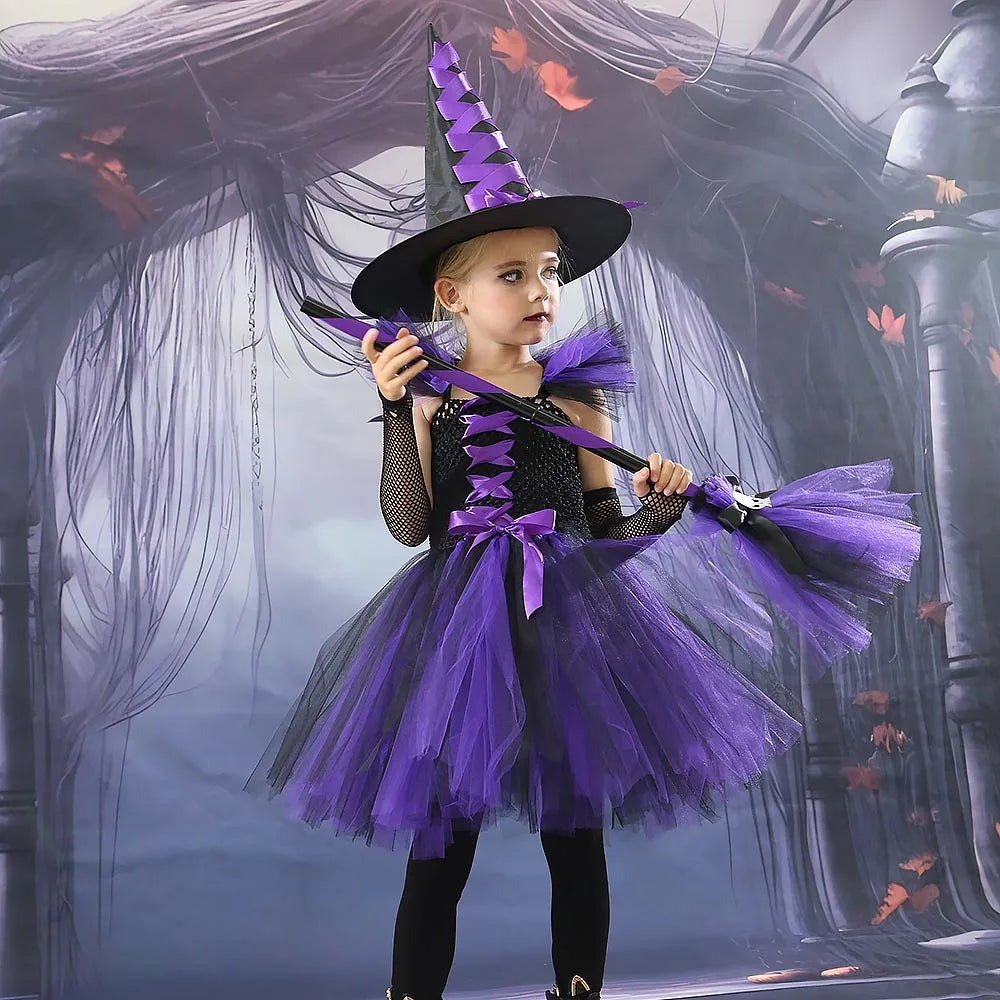 Halloween New Witch Dress Cosplay Costume Dress for Girl Carnival Party Dress Hat Broom Fancy Clothes Suit - Charlie Dolly