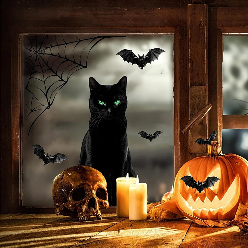 Halloween Decoration 2024 Black Cats Window Decals Halloween Window Sticker Spider Web Bat Black Cat Window Cling trick or treat - Charlie Dolly