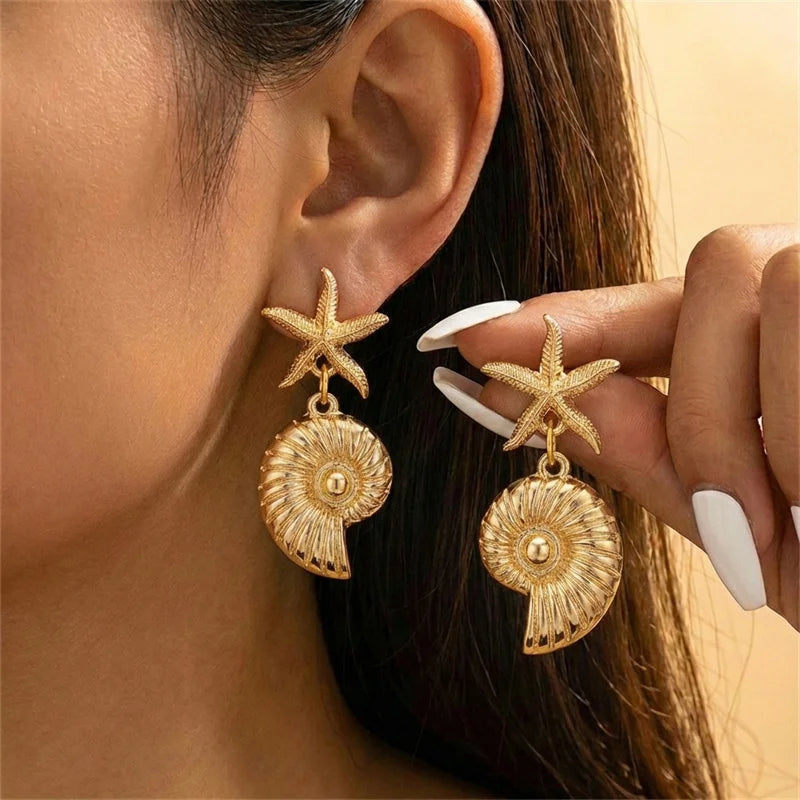 Boho Starfish Shell Asymmetric Dangle Earrings for Women Ocean Style Conch Scallop Pearl Earring Summer Beach Party Jewelry Gift