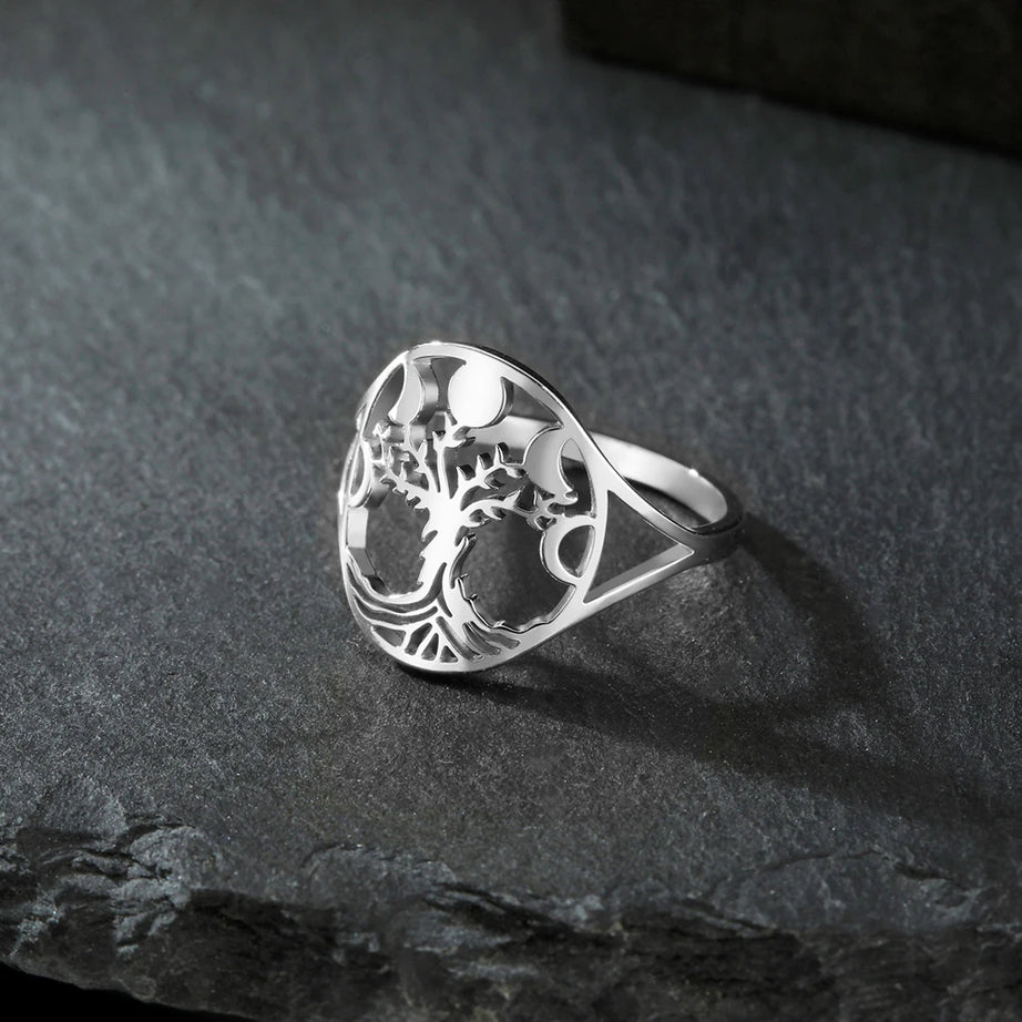 Moon Phase Tree of Life Ring, Stainless Steel
