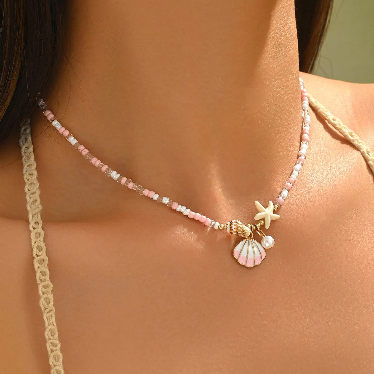 Pink White Beaded Choker Necklace Shell Starfish Faux Pearl Pendant Boho Summer Beach Vacation Daily Jewelry
