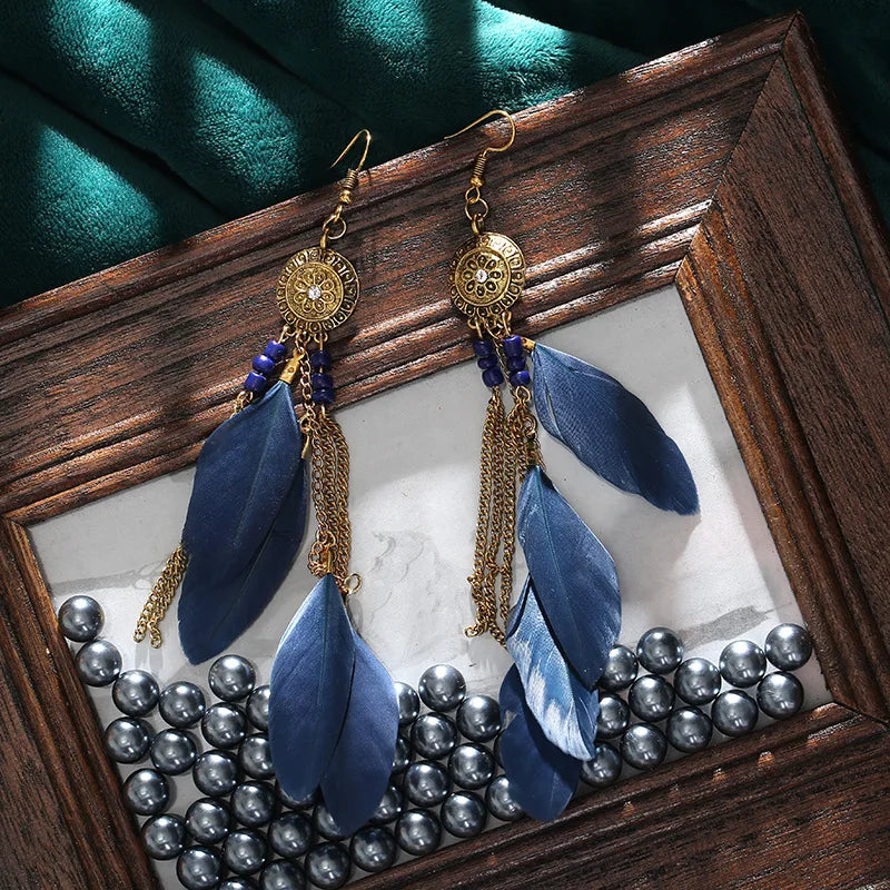Trendy Bohemian Long Feather Drop Dangle Earrings For Women Crystal Flower Beads Handmade Wedding Vacation Boho Earrings Jewelry