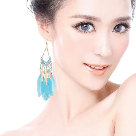 Feather Colorful Bead Long Tassel Earrings Jewelry